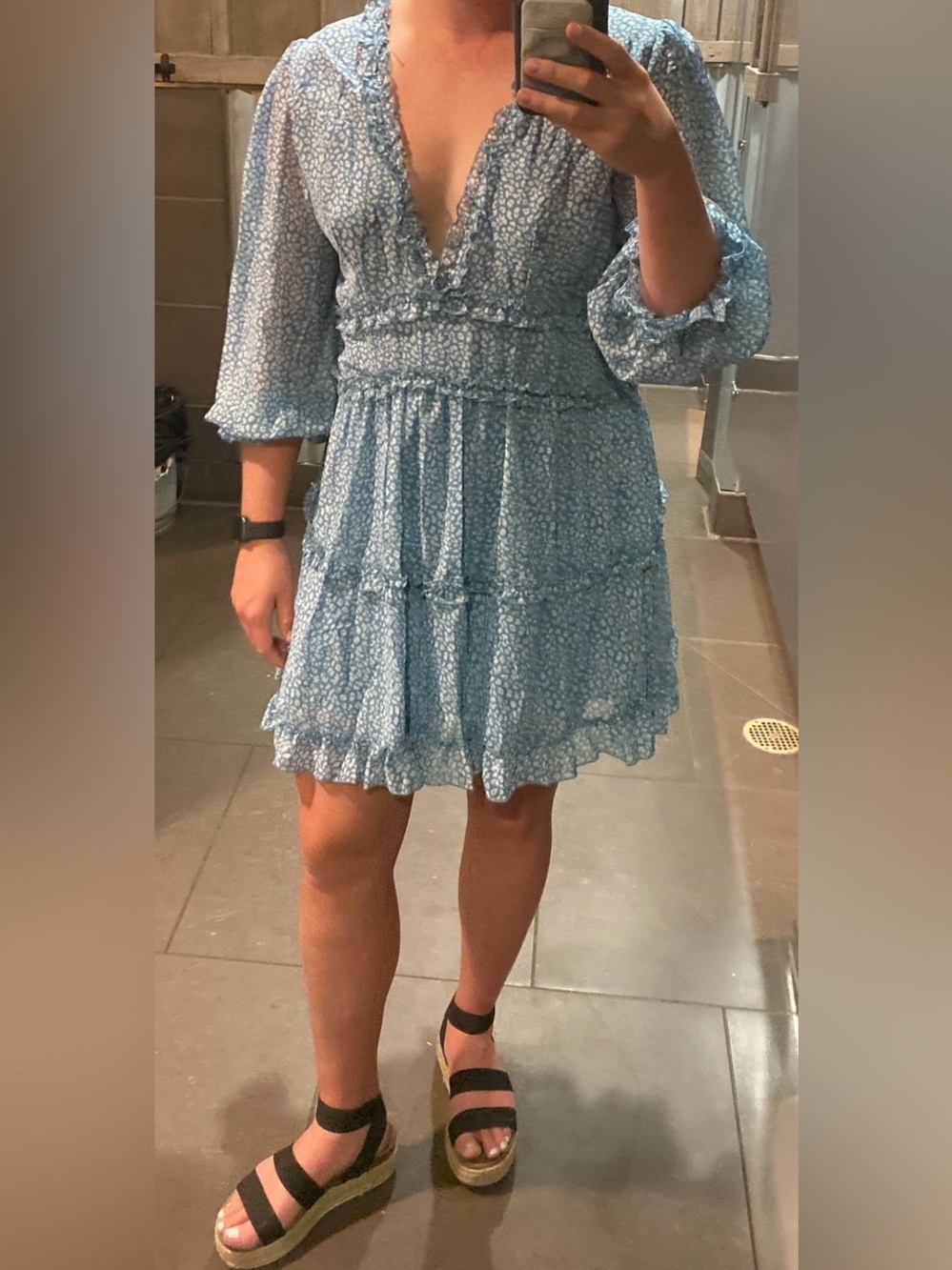 Blue Floral Tiered Long-Sleeve Mini Dress